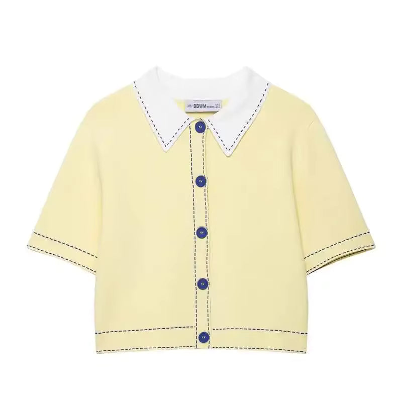 Contrast Collar Button-Up Knit Top